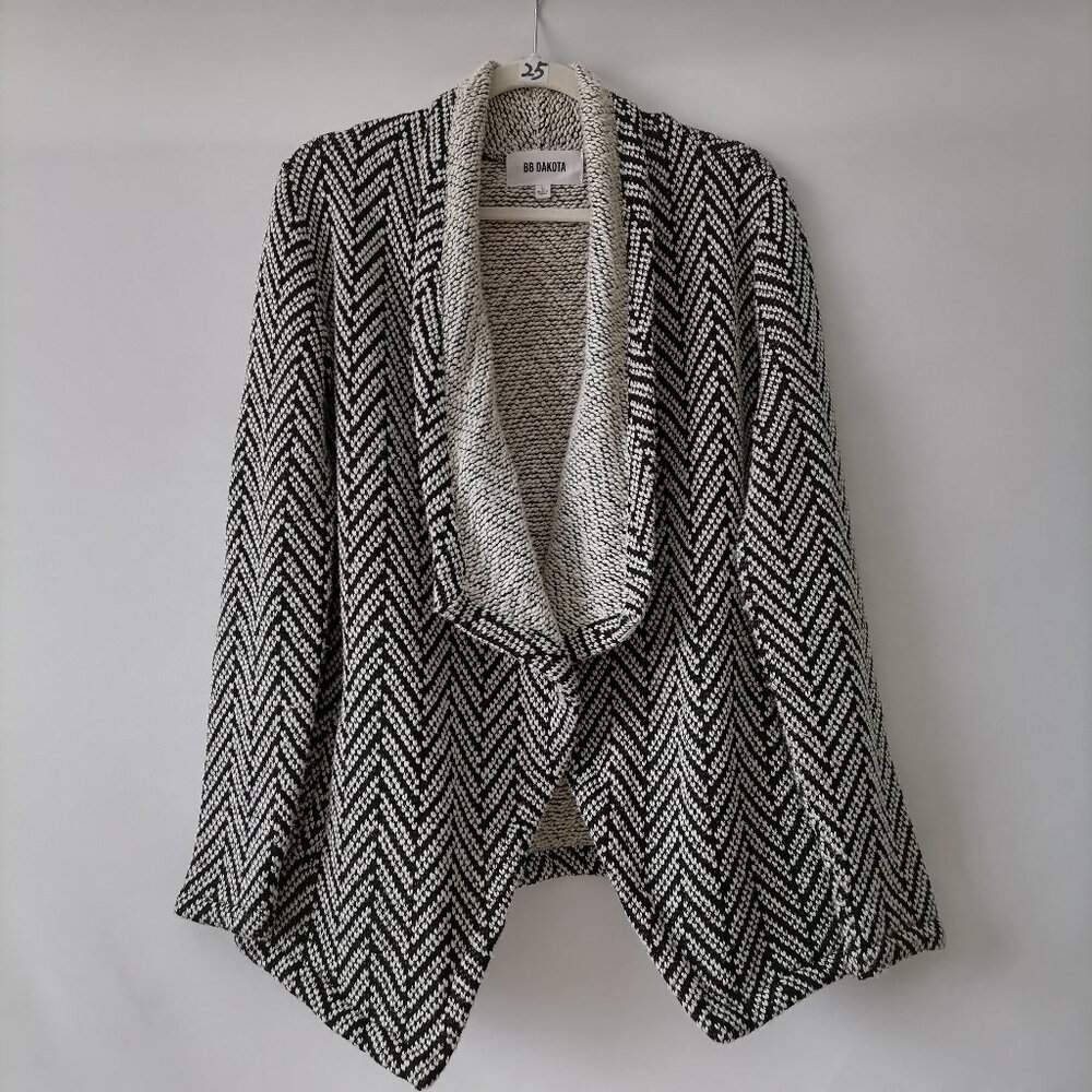 BB Dakota Womens Black Herringbone Knit Stretch Open Cardigan Sweater Size L
